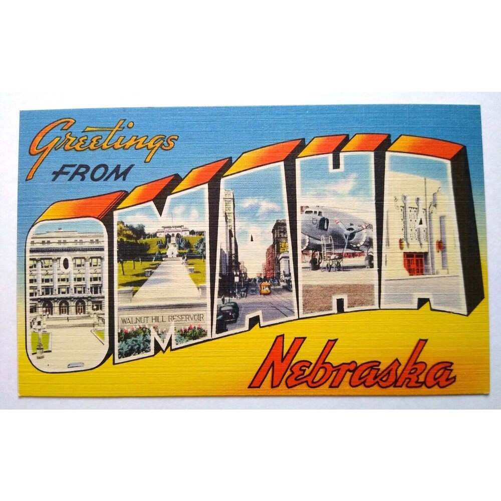 Greetings From Omaha Nebraska Postcard Large Big Letter Tichnor Unused Airplane